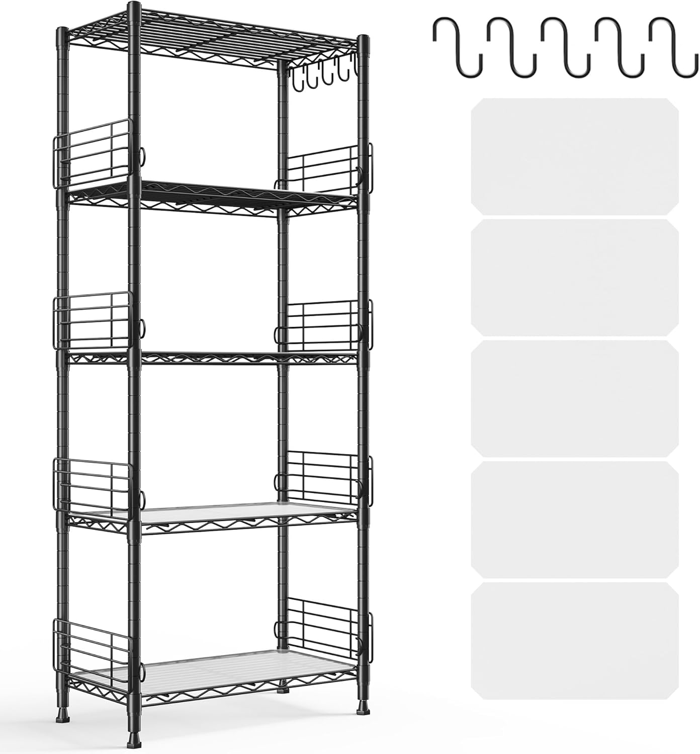 REIBII 5 Tier Metal Shelving Unit Pantry Storage Shelves Adjustable Metal Wire Shelf with Side Blockers 59.1" H Standing Storage Rack with Hooks & Shelf Liners for Kitchen Pantry Bathroom Closet