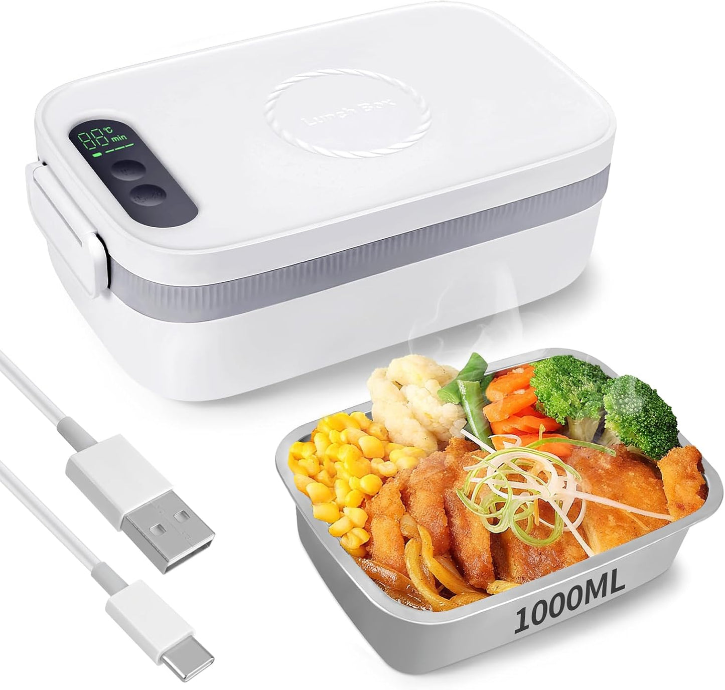 HimAoto Cordless Electric Lunch Box for Adults, 1L Rechargeable Heated Lunch Box, Portable Self Heating Food Warmer Battery Powered for Work, Office, Car, Travel, Picnic & Outdoor