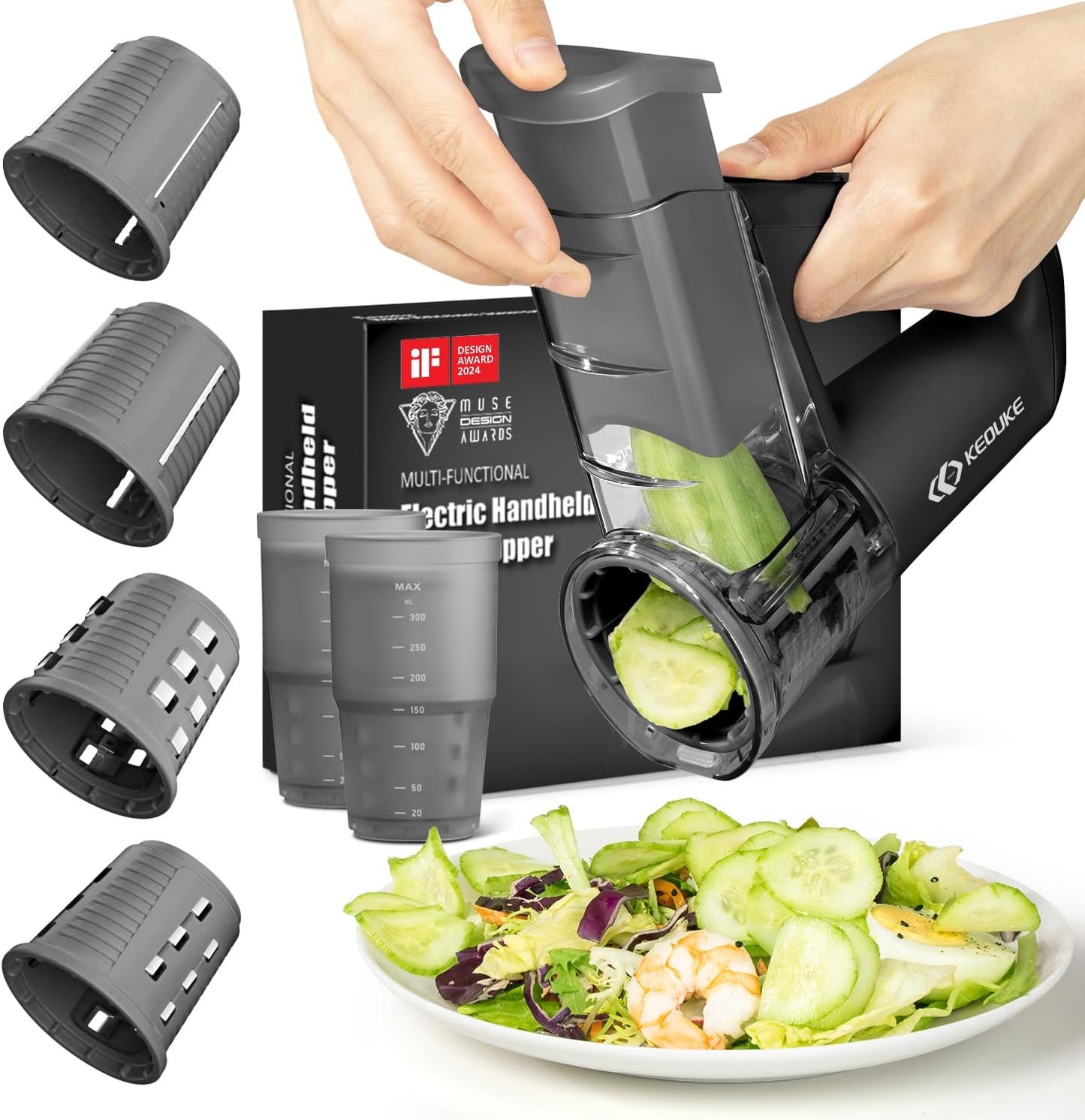 KEOUKE Electric Handheld Salad Shooter Black - Cordless Rechargeable Kitchen Vegetabler Cutter One Touch Control, Slicing, Shredding, Ice Shaving, 4 Blades, Dual Storage Cups, Overheat Protection