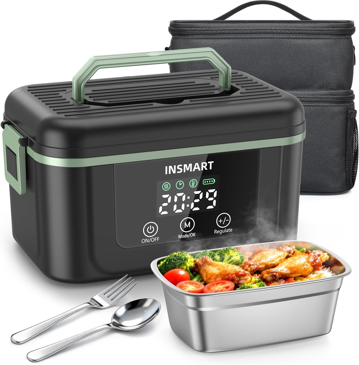 Cordless Electric Lunch Box for Adults, 1.5L Large Portable Heated Lunch Boxes with Smart Timer and 60W Rapid Uniform Heating, 304 Stainless Steel Lunch Box for Office, Travel, Car & Home Use