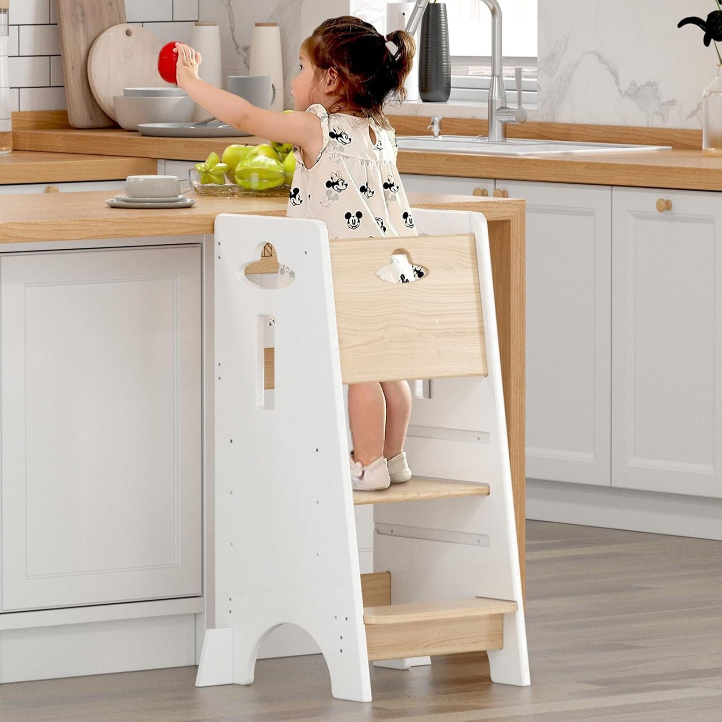 COSYLAND Toddler Standing Tower Adjustable Height - Super Stable Kids Kitchen Stool Helper - 3 Levels Adjustable Wooden Toddler Kitchen Stool (Natural & White)