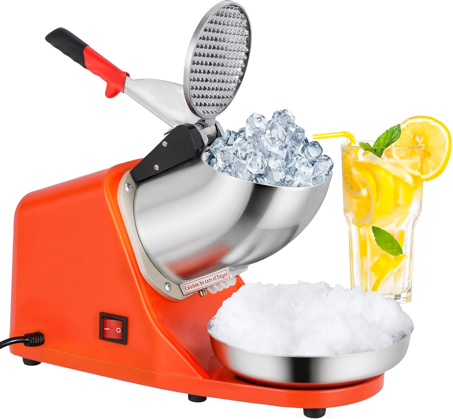 HomGarden Electric 143 lbs Ice Shaver Machine Snow Cone Maker Stainless Steel Shaving Crusher Shaved Ice for Home and Commercial Use, Orange