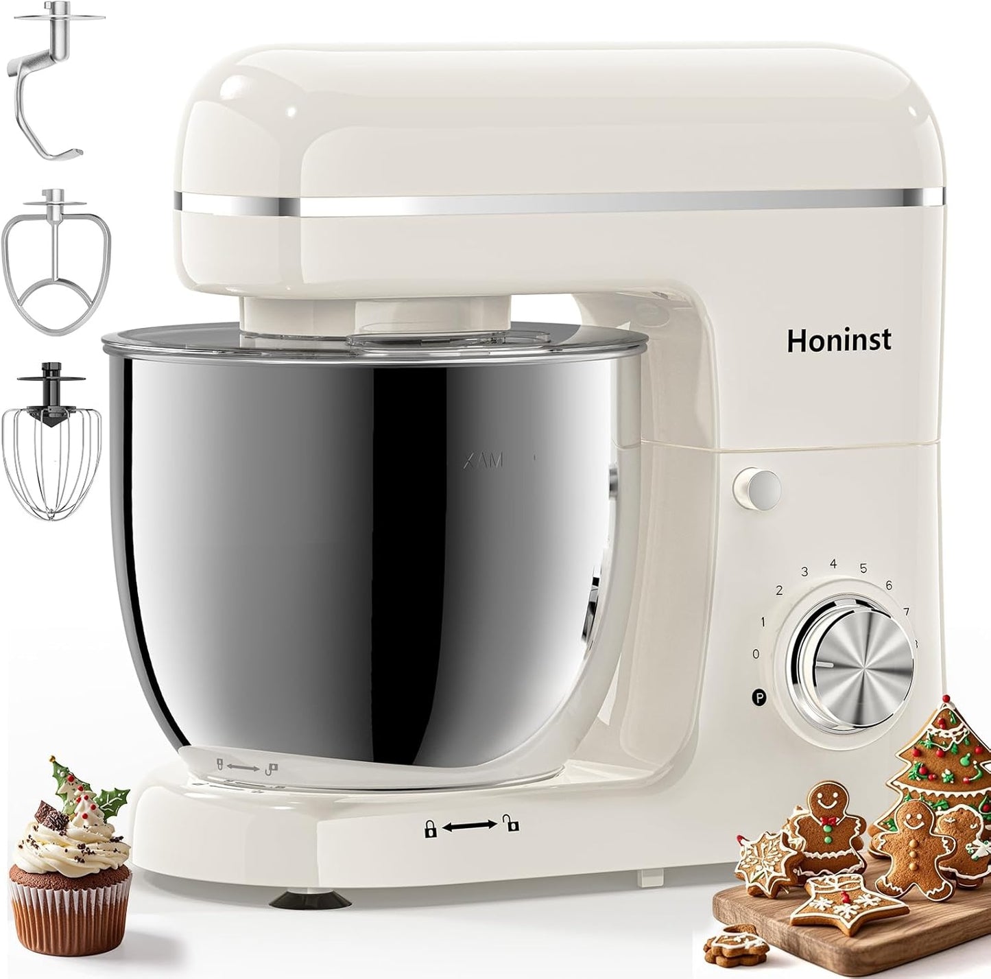 Honinst Stand Mixer, 3-In-1 8-Speed 660W 6.5QT Tilt-Head Food Electric Mixers with Bowl, Dough Hook, Whisk and Beater, Kitchen Mixer for Baking, Cake and Most Home Cooks, Beige