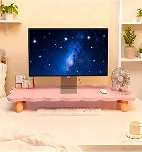 Monitor Stand Riser, Cloud-Shaped Sturdy Wood Computer Monitor Riser, Laptop Monitor Stand, Multi-Purpose Desktop Organizer Riser for Computer, Laptop, Printer, TV (Pink)