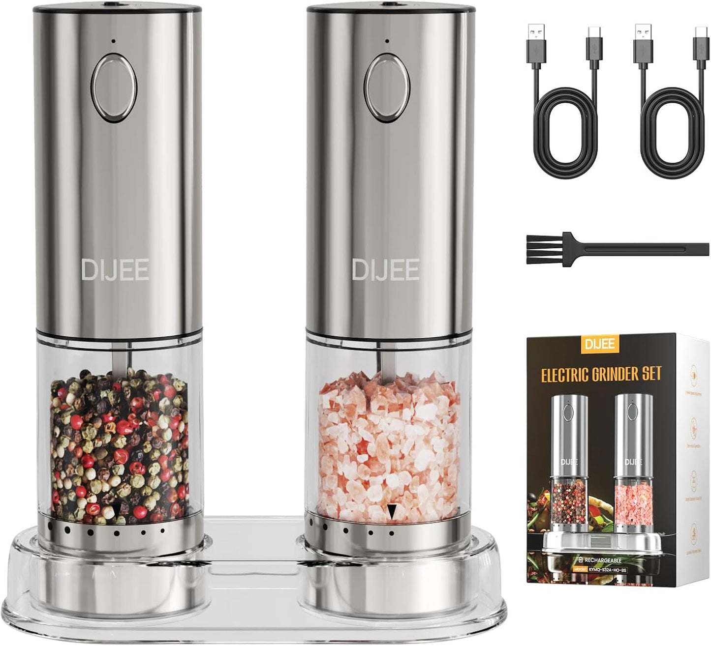Rechargeable Salt and Pepper Grinder Mill, Electric Salt and Pepper Grinder set with Adjustable Grinding Speed, Automatic, Refillable, Stainless Steel Pepper Mill for Kitchen, Dining, Gifts (2 Pack)