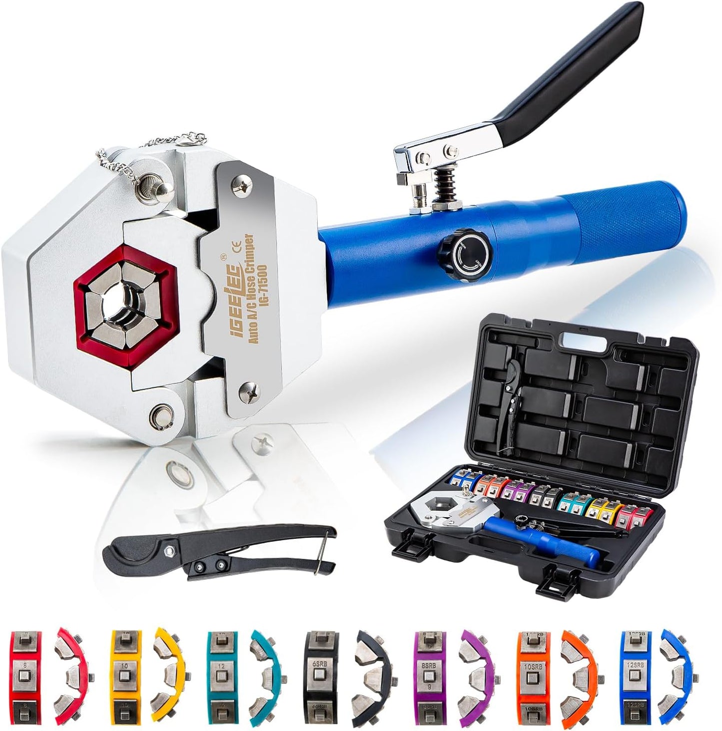 Hydraulic Hose Crimper AC Crimping Tool for Barbed & Beaded Hose Fittings | 7 Die Set for Air Conditioning Repair | IG-71500