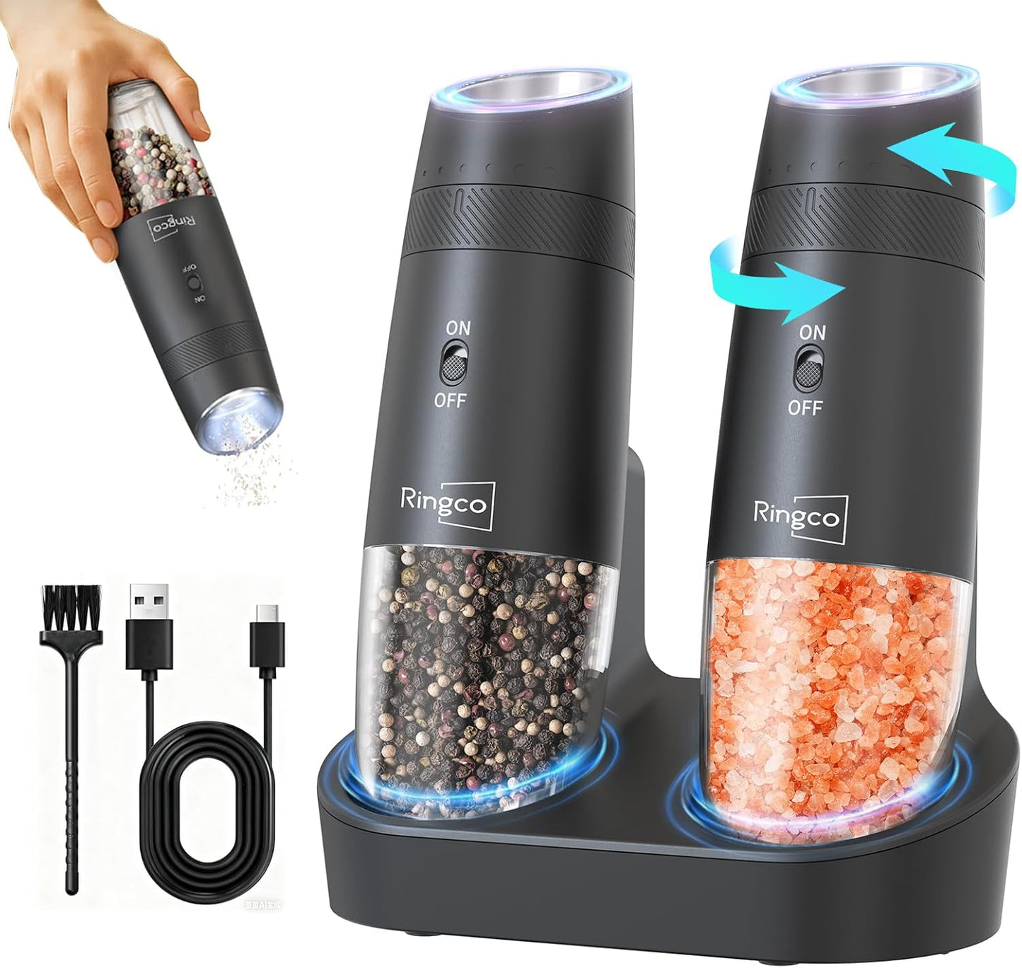 Ringco Gravity Electric Salt and Pepper Grinder Set with Charging Base, Automatic Gravity Salt and Pepper Mill with Adjustable Coarseness, LED Light, 135ml Large Capacity, Christmas Gift