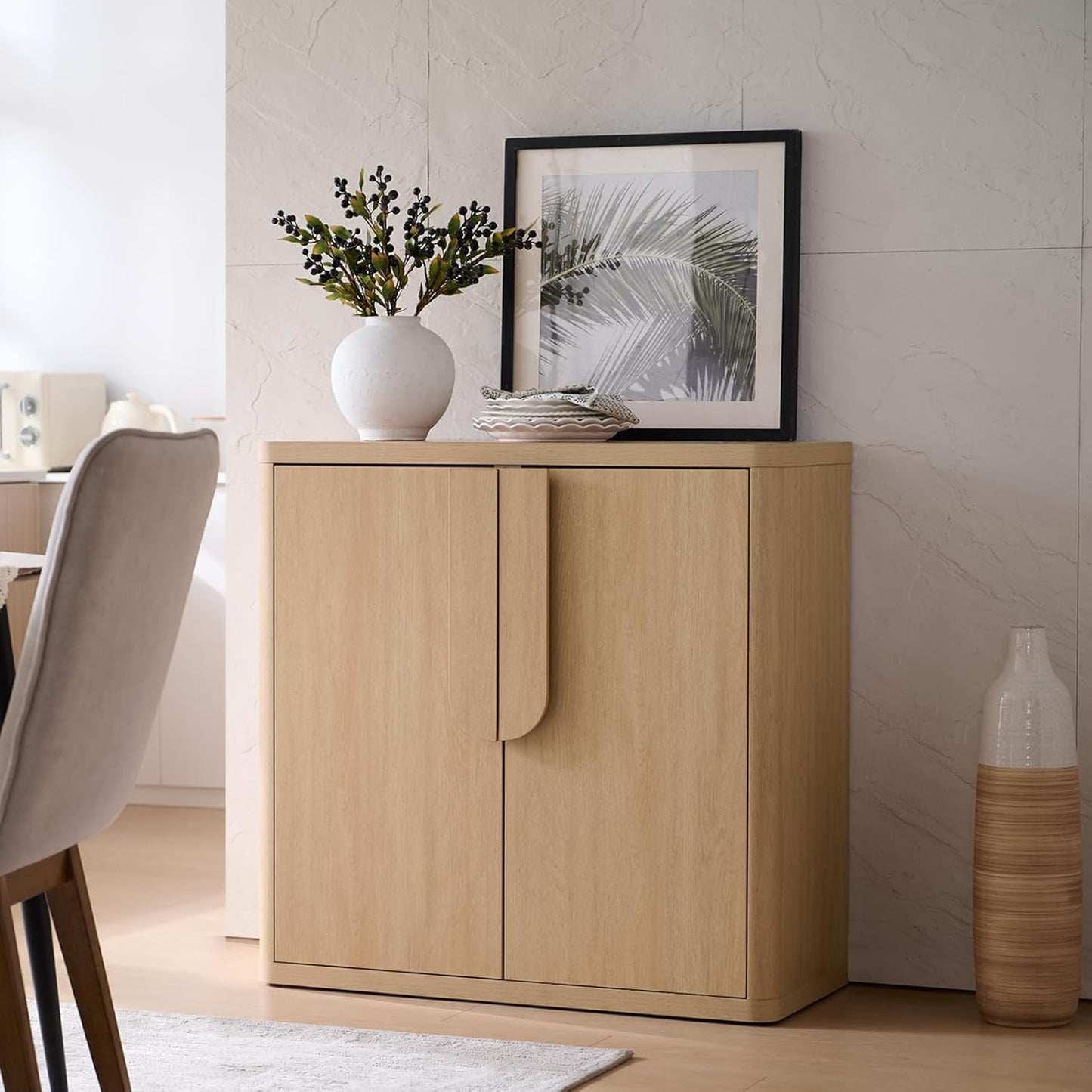 NOWABAY 34.5'' Sideboard Buffet Cabinet W\/Storage, Modern Accent Cabinets W\/Curved Handles & Adjustable Shelves, 4 Doors Coffee Bar Buffet Table Credenza for Living Room Kitchen Hallway, Natural