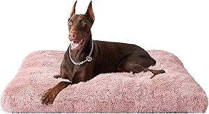 EHEYCIGA Fluffy XXL Dog Crate Pad, Plush Faux Fur Dog Bed for Extra Large Pets, Calming Anti Anxiety XXL Pet Bed, Washable Soft Warm Crate Mat with Non-Slip Bottom, Pink