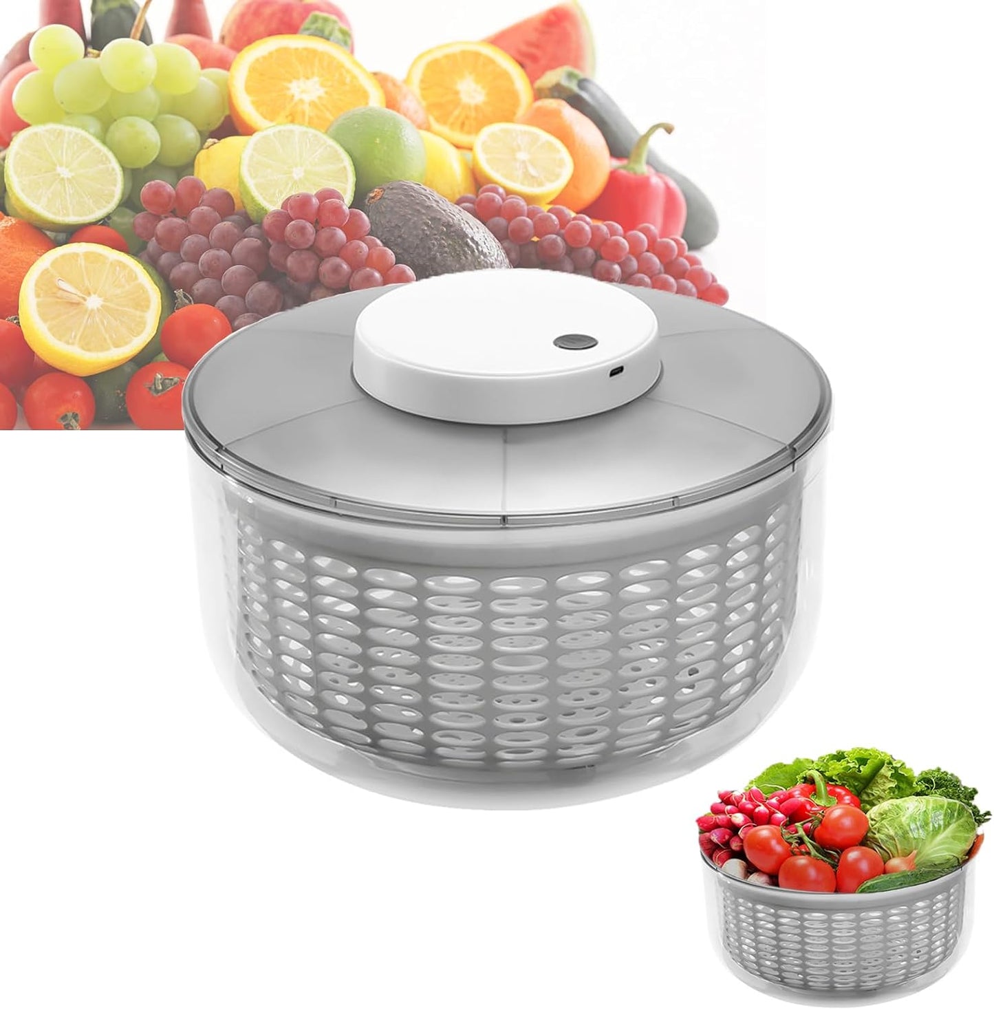 Salad Spinner 4.5L\/ 6L Large Capacity Electric Salad Vegetables Fruit Washer Dryer Drainer Strainer, USB Charge Lettuce Spinner Cleaner with Bowl for Washing Drying Leafy Vegetables Noodles (6L)