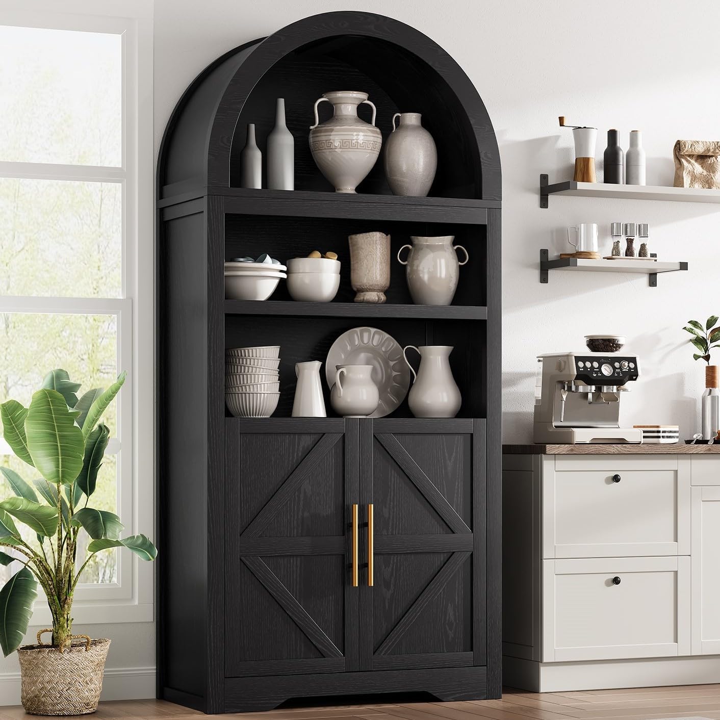 Jocoevol Kitchen Pantry Cabinet, Arched Bookshelf Bookcase China Pantry Storage Cabinet with Doors and Shelves,71\u201C Tall Food Pantry Funiture for Living Room,Dining Room (Black)