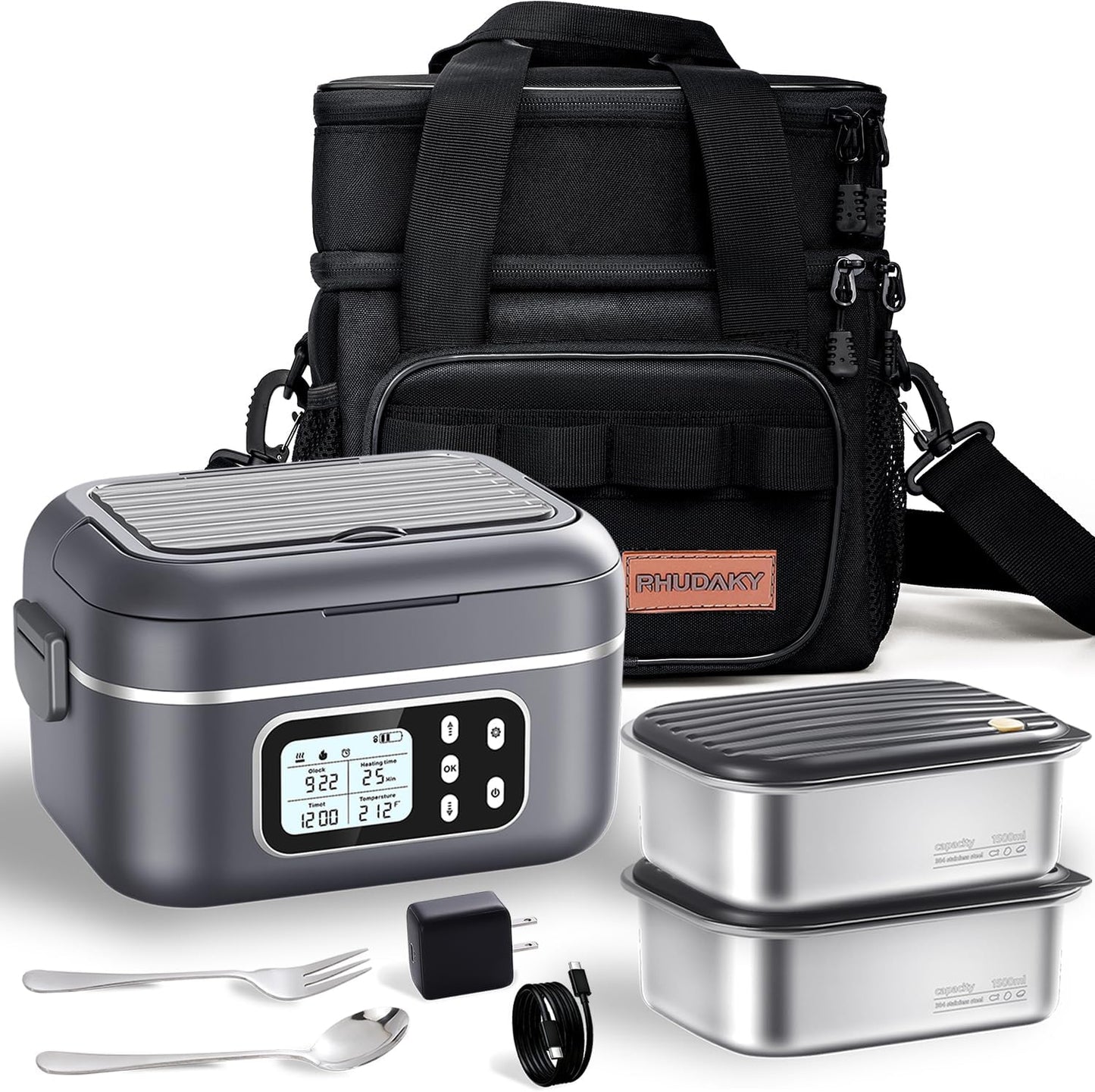 Rhudaky 2 x 6.3-Cup Cordless Electric Heated Lunch Box, 100W Rechargeable Portable Food Warmer for Adults Work Travel Car - Battery-Powered & Self-Heating