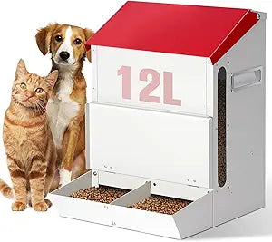 Automatic Cat Feeder 2 Cats,12L Automatic Pet Feeders Large Capacity Outdoor Galvanized Steel Multiple Cats Feeder Gravity Dog Dry Food Dispenser with Lid