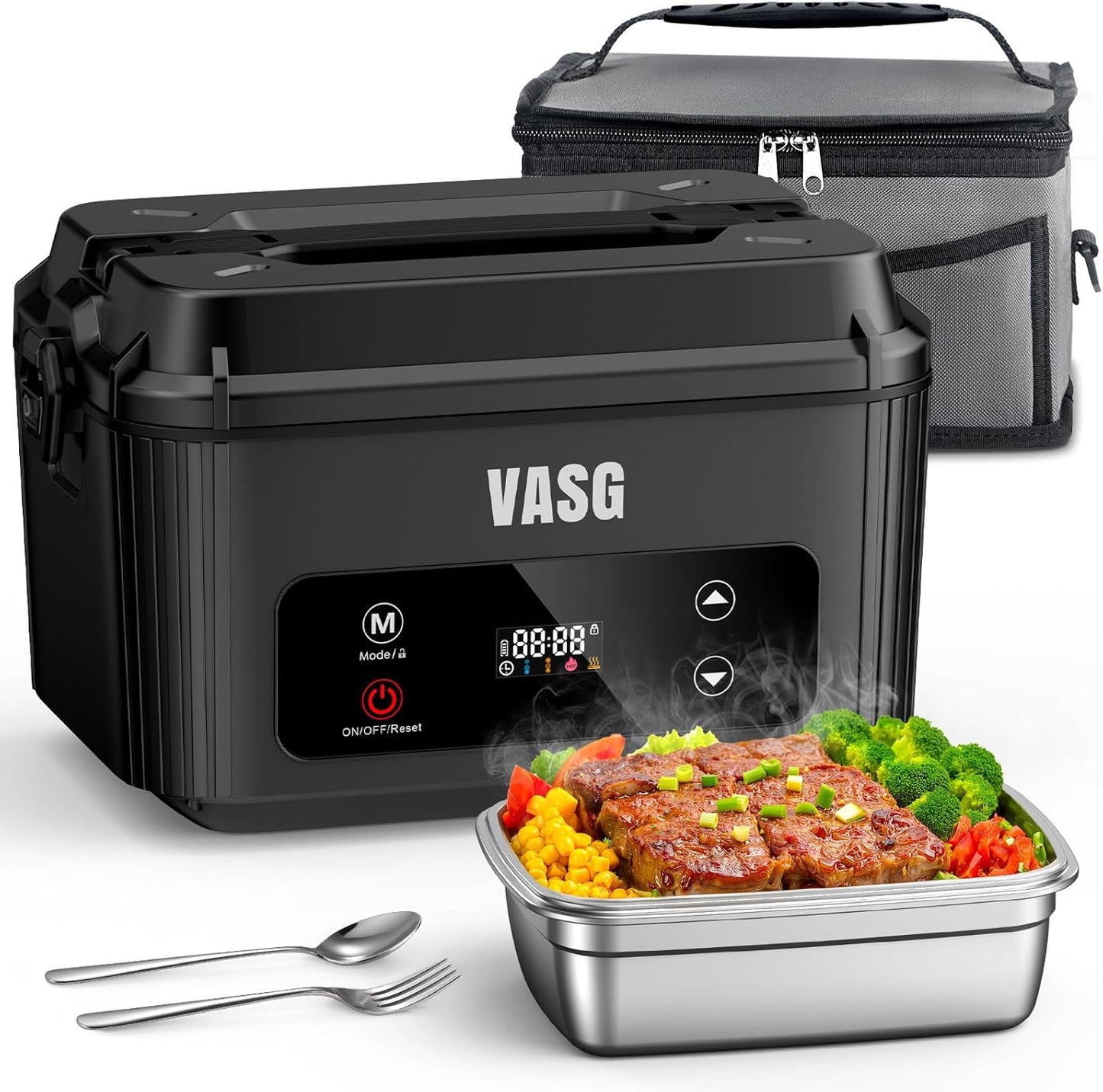 VASG Advanced Cordless Heated Lunch Box for Adults, XXL 5.1-Cup Electric Lunch Box with 360° Surround Rapid Heating, 12000mAh Portable Food Warmer with Timer, LCD Display for Office, Car & Outdoors