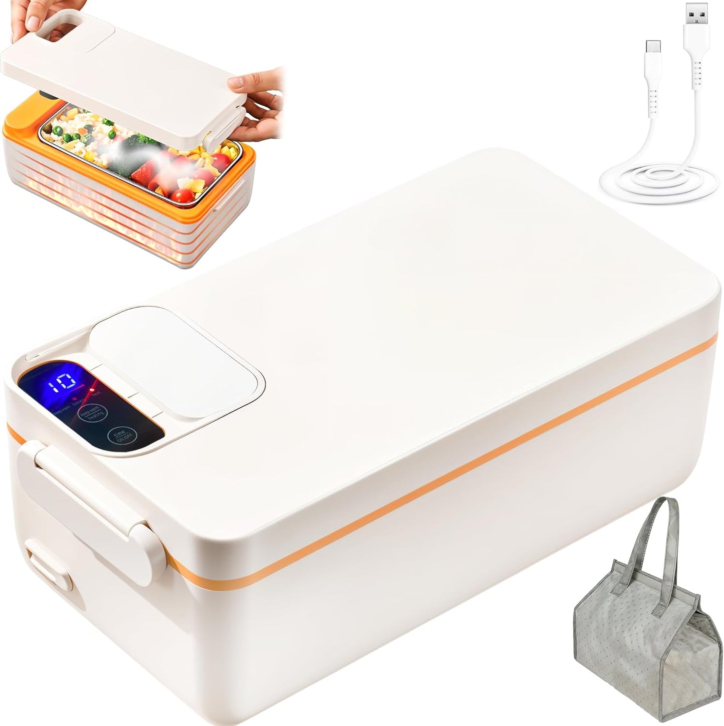Rechargeable Electric Heated Lunch Box - Cordless Battery Powered Portable Food Timer Heater Keep Hot Meal - Self Reheating Soup Heat Warming Container Heating Warmer for Men Women Adults Car Vehicle