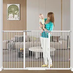 Fairy Baby 40.5" Extra Tall Baby Gate No Drill, 65.8"-72.2" Extra Wide Large Dog Gate, Pressure Mounted Walk Through Adjustable Tension Safety Gate, Auto Close Child Pet Gate for Stairs Doorway, White