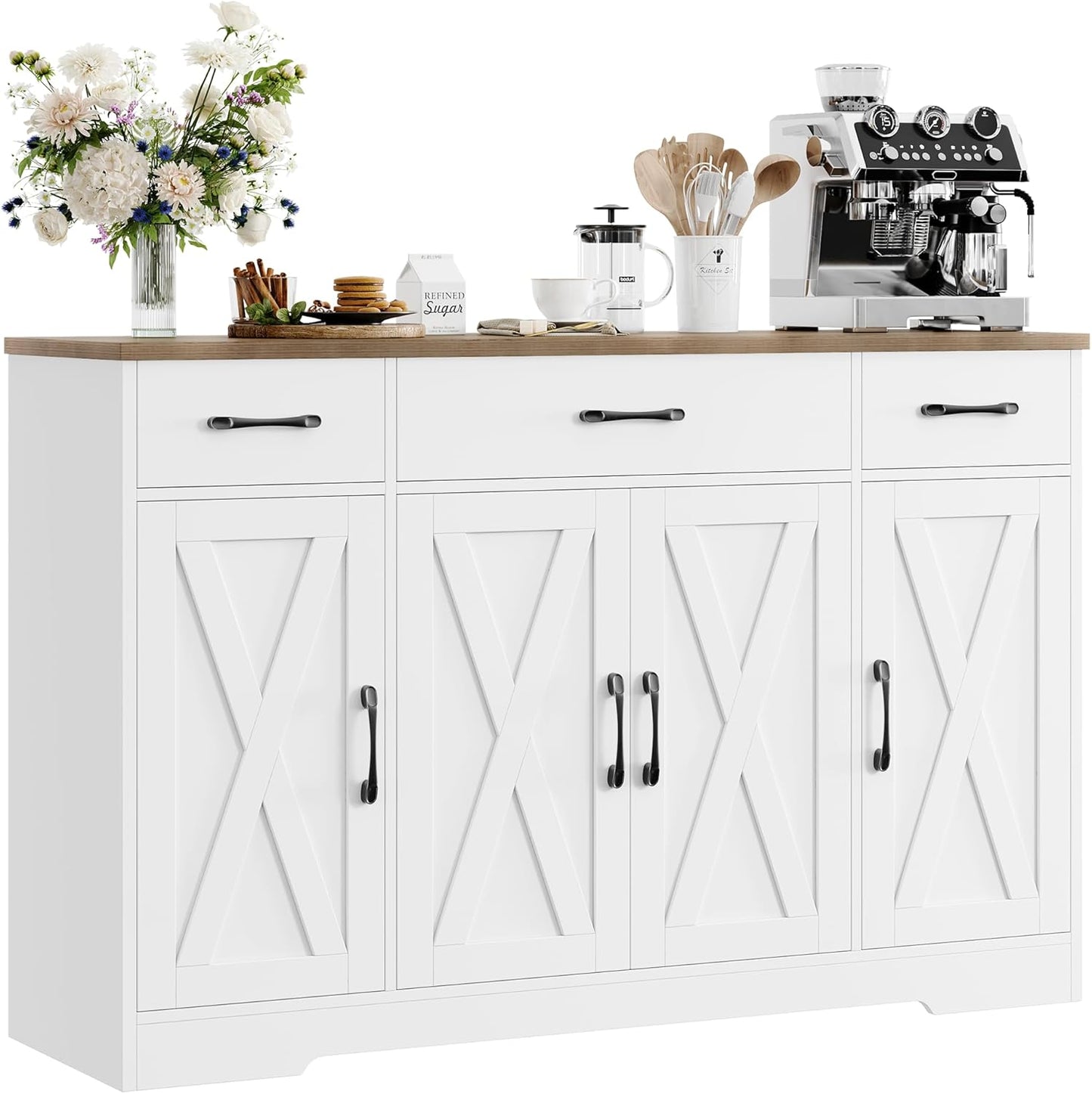 HOSTACK Buffet Cabinet with Drawers, 55" Large Sideboard Buffet Storage Cabinet with Shelves and Doors, Modern Farmhouse Coffee Bar Station Wood Kitchen Table for Kitchen, Dining Room, White\/Rustic
