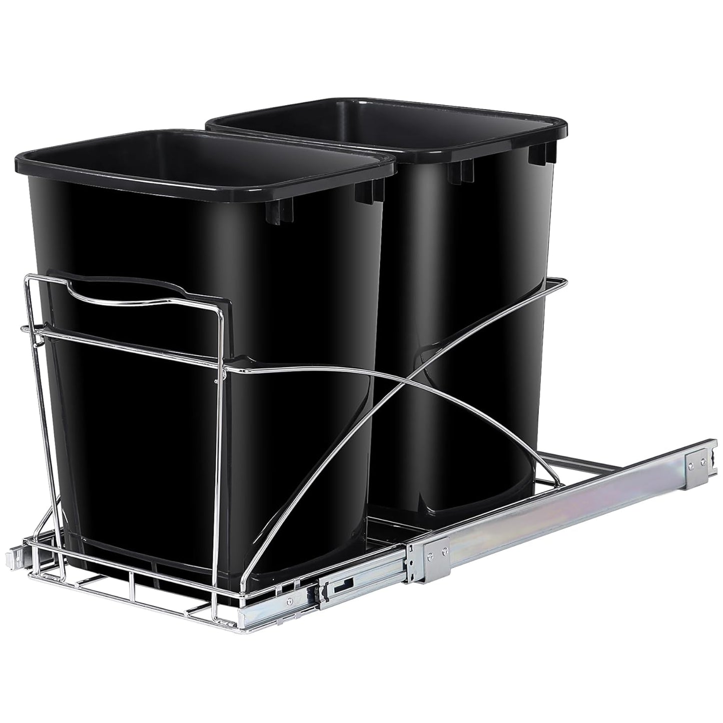 SUPER DEAL Double 35-Quart Pull Out Trash Can Under Cabinets Under Sink Garbage Sliding Waste Bin Container Recycling Bins with Chrome Wire Bottom Mount 44 lbs Load Capacity, Black