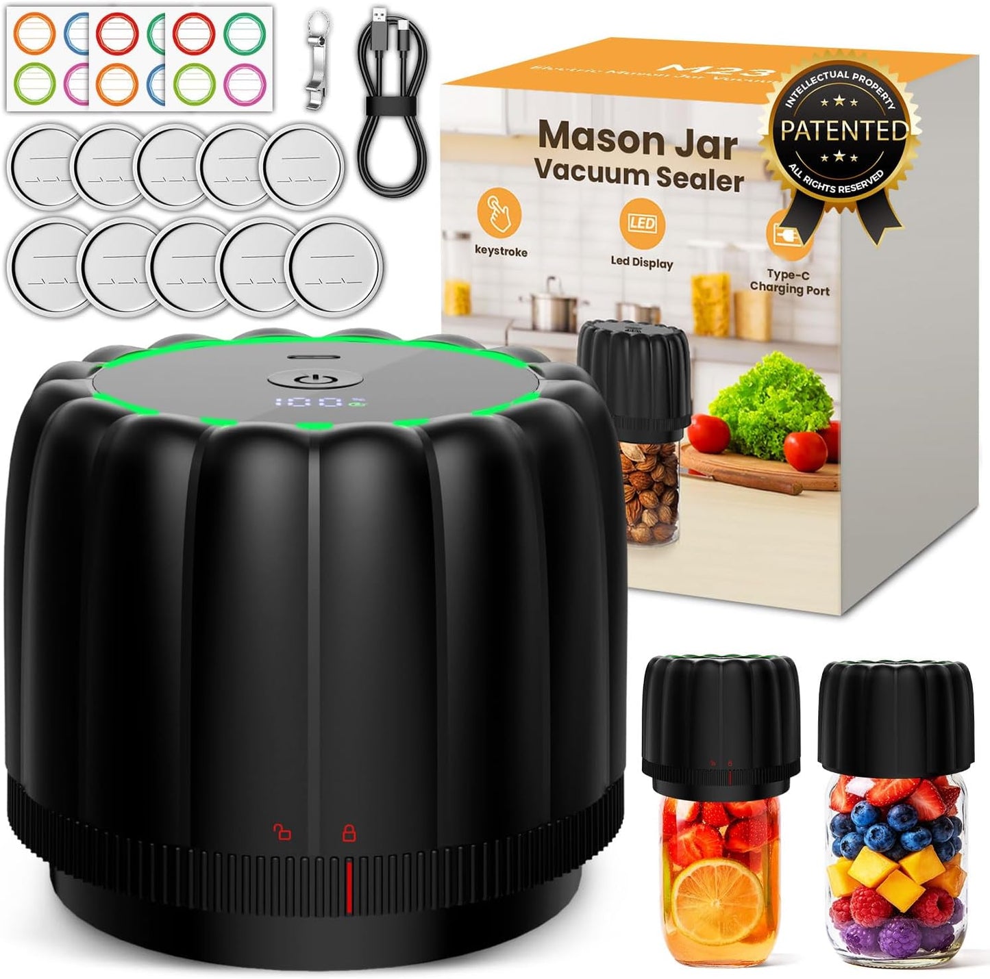 2026 Upgraded Electric Mason Jar Vacuum Sealer Kit with Wide and Regular Mouth Mason Lids -80kpa Automatic Vacuum Pump 2500mAh Battery One Touch Canning Sealing Machine for Food Storage Black