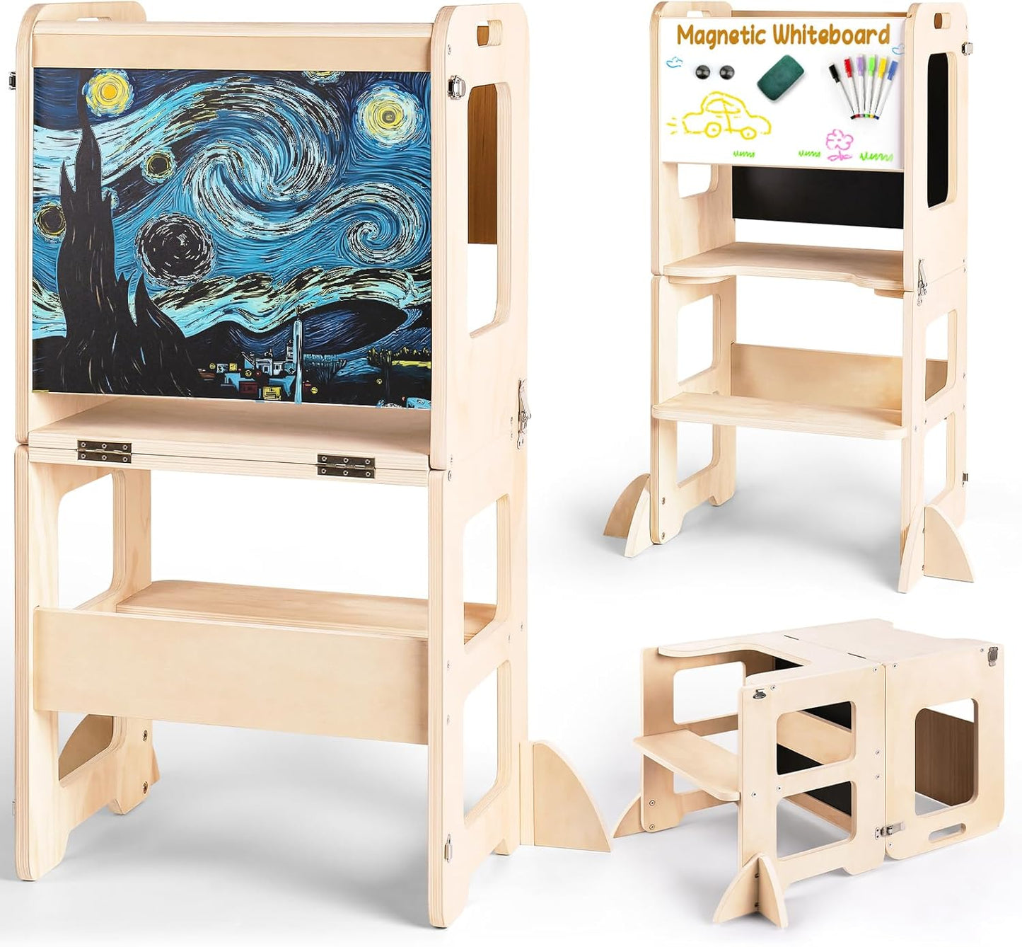 4-in-1 Toddler Kitchen Step Stool, Foldable Learning Standing Tower with Chalkboard and Whiteboard, Wooden Kitchen Stool Helper for Kids, 1-3 Year Old Boy Girl Gifts