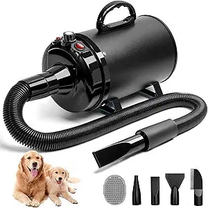 High Velocity Dog Hair Dryer 5.2HP/ 3800W Professional Dogs Blower Grooming Dryer, Adjustable Temperature and Speed Pet Dryers with 4 Nozzles and a Comb, Black