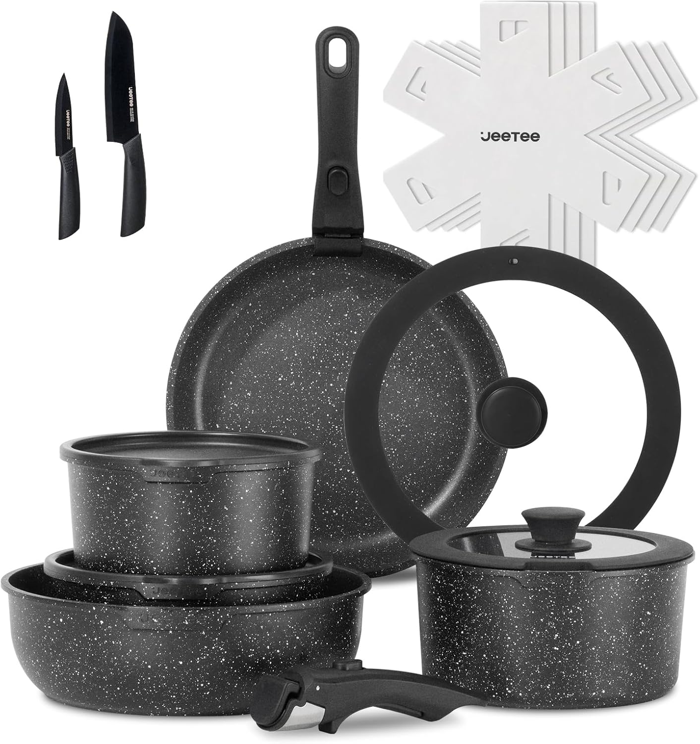 JEETEE Pots and Pans Set Non Stick 17pcs, Kitchen Cookware Sets with Detachable Handle, Induction Nonstick Cookware Set with Removable Handle, Stackable RV Cookware, Oven Safe, PFAS\/PFOA Free, Black