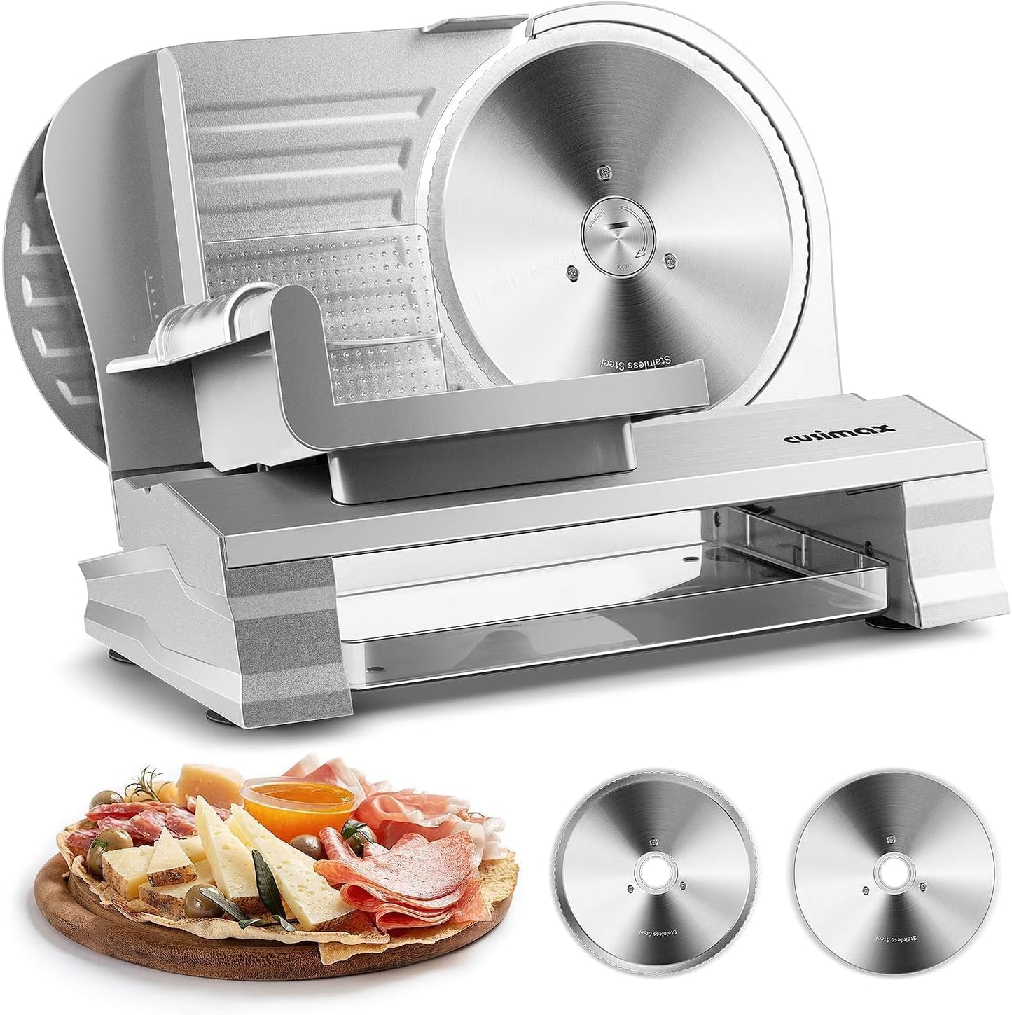 CUSIMAX Meat Slicer for Home with 1-20mm Adjustable Thickness,Electric Deli Slicer for Food Tray,Two 9" Stainless Steel Blades and Removable Food Carriage,Easy for Cut all Foods