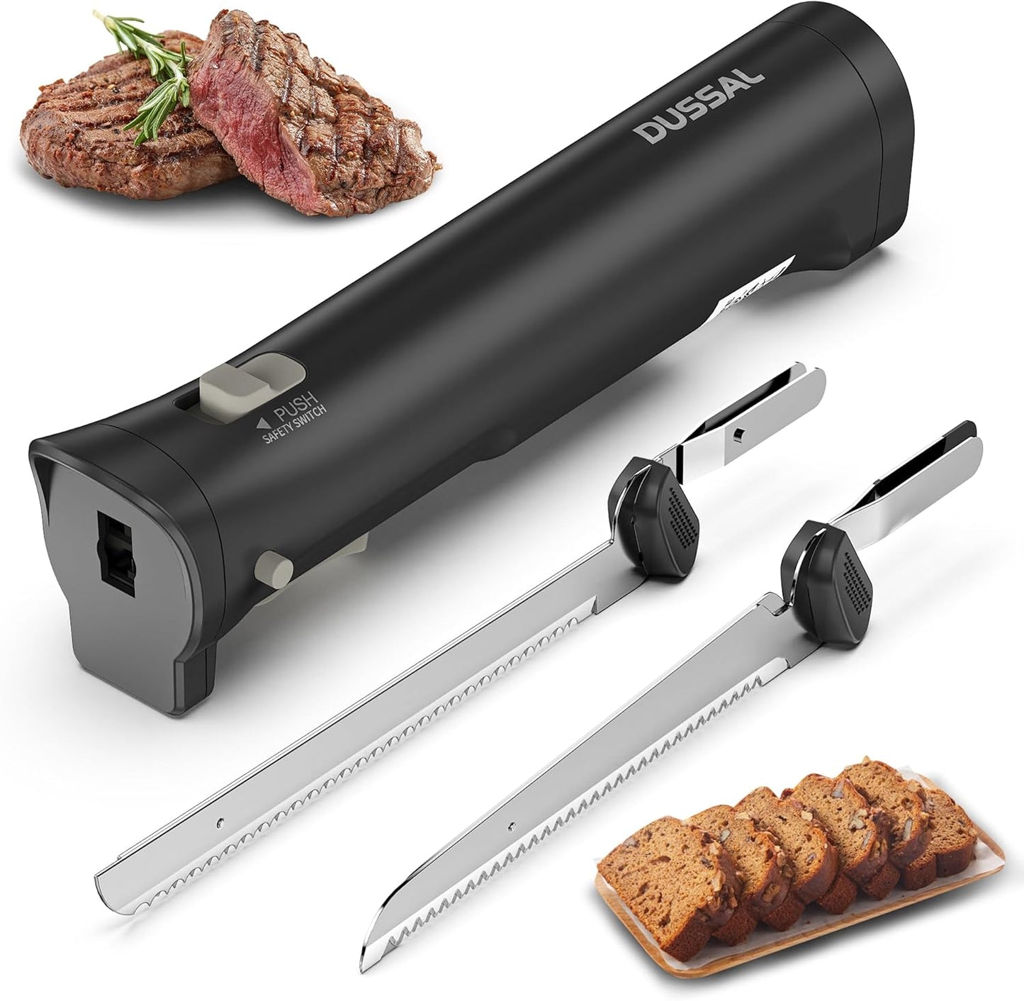 DUSSAL Cordless Electric Knife, Electric Bread Knife with 4 Stainless Steel Blades, Safety Lock Switch, Blade Release Buttons, On\/Off button, Cutting Meats, Fish, Poultry, Bread, Cheese & More (Black)