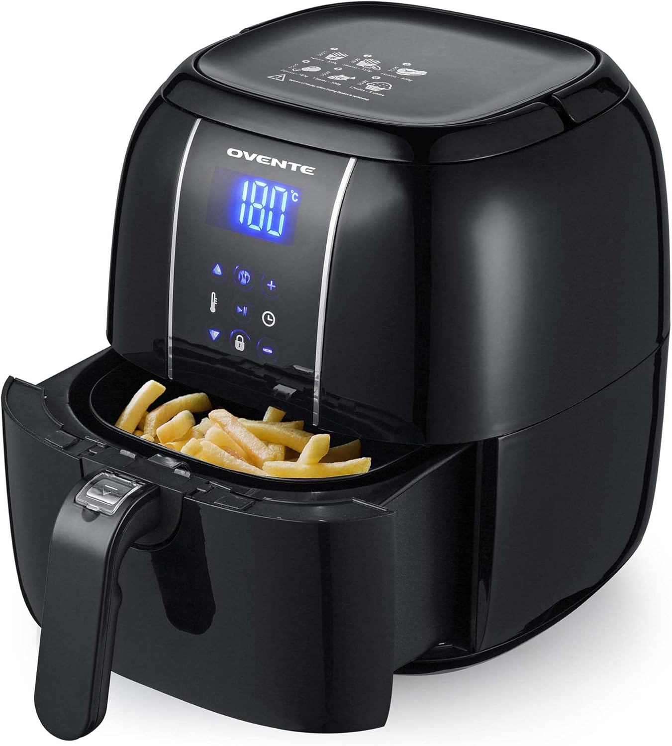 OVENTE Compact Air Fryer, 3.2 Quart Electric Hot Cooker with 1400W Power, Digital LED Touch Screen, Auto Shutoff, Dishwasher Safe Non-Stick Basket, Perfect for Healthy & Oilless Food, Black FAD61302B