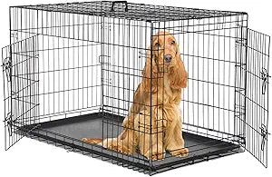 Sweetcrispy 48 Inch Dog Crate, Medium Large Crates Double Door Folding Metal Wire Dog Cage with Plastic Leak-Proof Pan Tray, Pet Kennel for Indoor, Outdoor, Travel