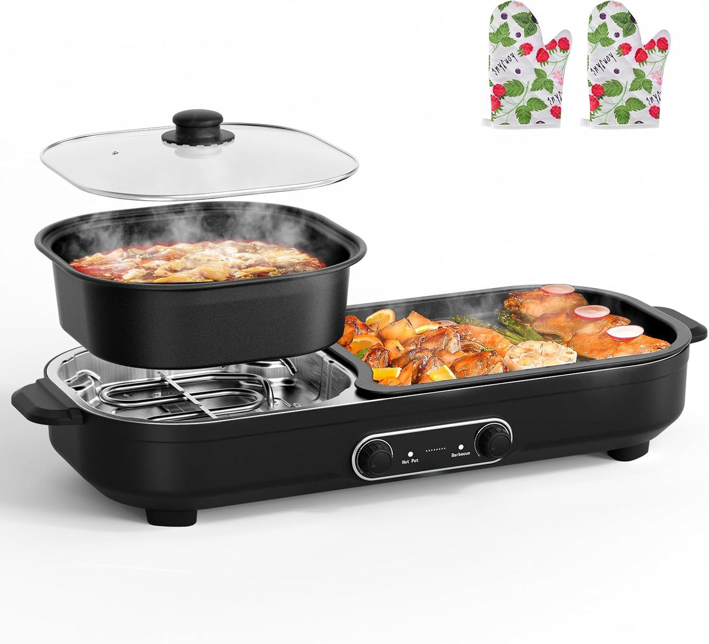 2 in 1 Hot Pot Electric with Grill, 1950W Korean BBQ Grill Indoor Large Capacity Non-Stick Electric Griddle Removable Electric Grill with Independent Dual Temperature Control and Gloves for 2-5 People