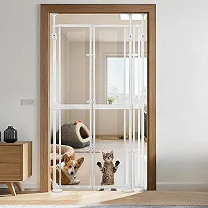 74.80-98.43'' Extra Tall Cat Gate, Adjustable 33.86†and 35.80" Wide, Transparent Full Door Pet Gate, Auto Close No Drilling Cat Proof Safety Gate for Doorway Stairs- White