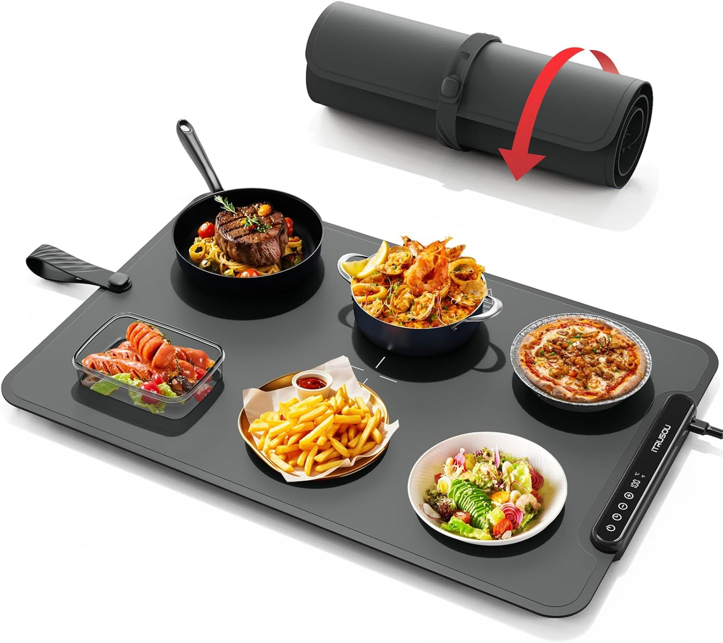 Warming Mat for Food, iTRUSOU Electric Warming Tray 99H Continuous Heat,7 Temp Settings,Patented Full-Surface Heating,°F\/°C Switch,Flexible Roll-Up Food Warmers for Parties Buffet,Everyday Use