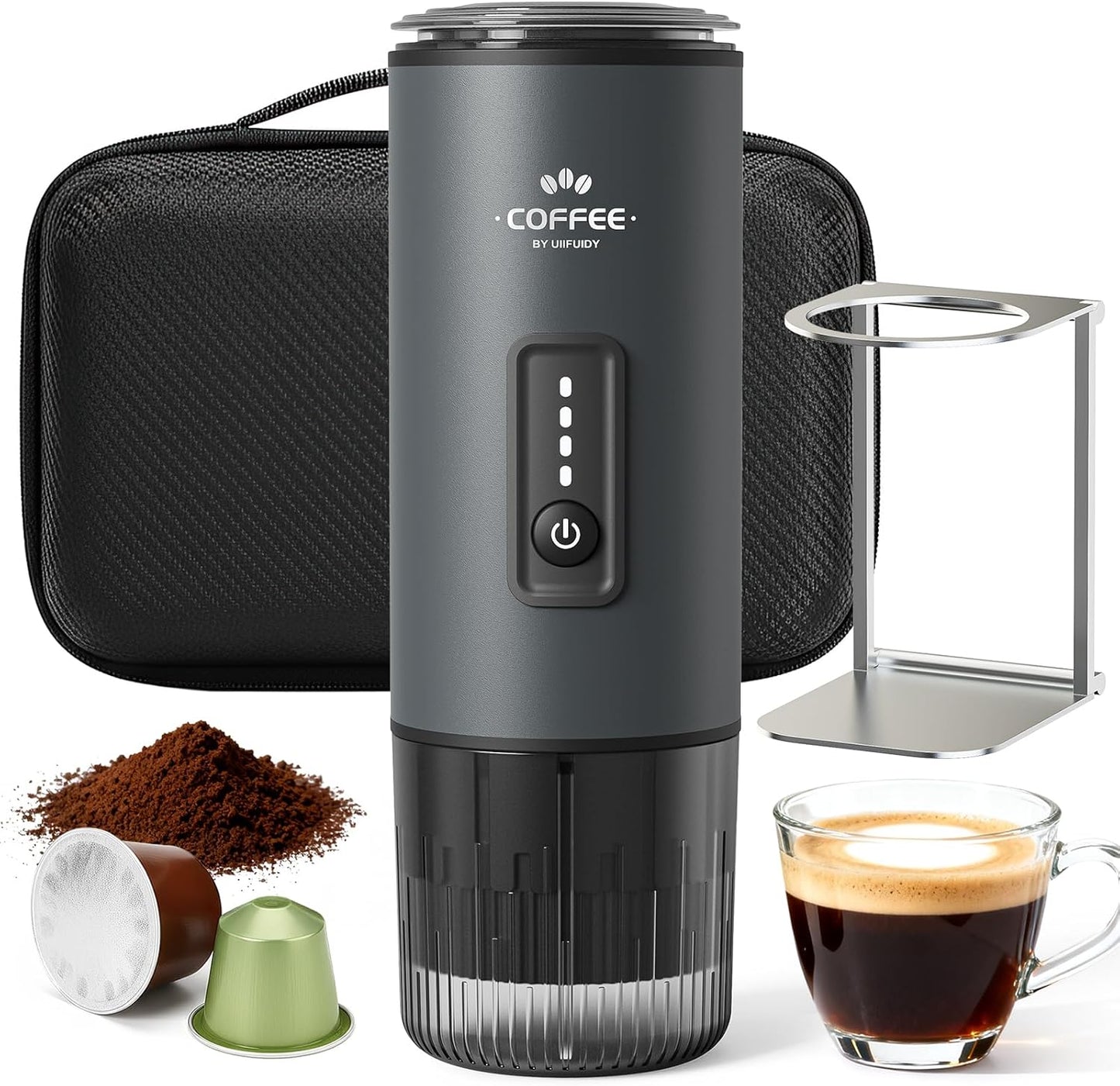 Uiifuidy Portable Coffee Maker, 3 in 1 Electric Espresso Machine Set, Rechargeable Self-Heating Brewer with Carrying Bag and Coffee Stand for Office Camping, Hiking