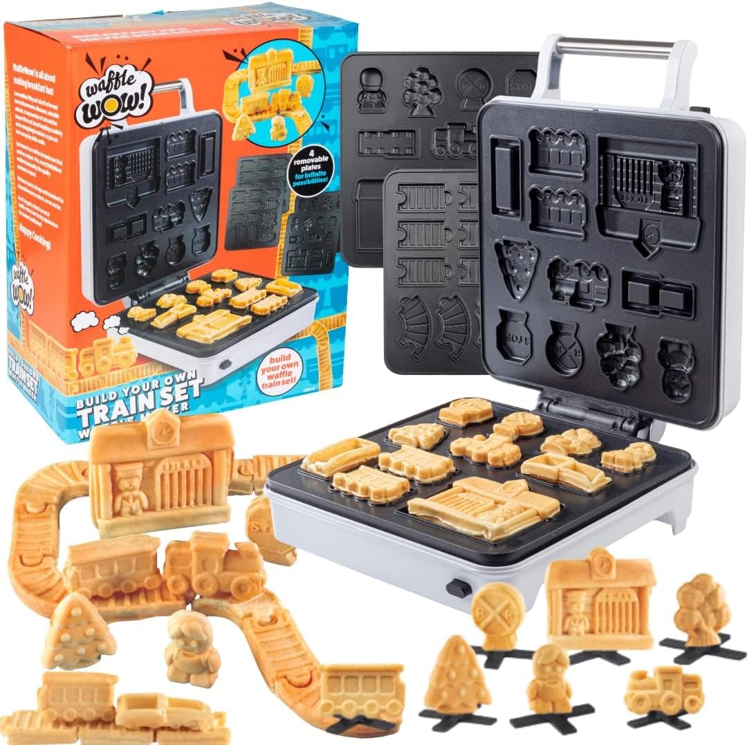Train Set Waffle Maker – Build Track & Cargo Car Shaped Mini Waffles – Electric Non-Stick Plates, Dishwasher-Safe Removable Inserts for Kids Morning Breakfast, Pancakes, Snack, Family Fun Gift & Play!