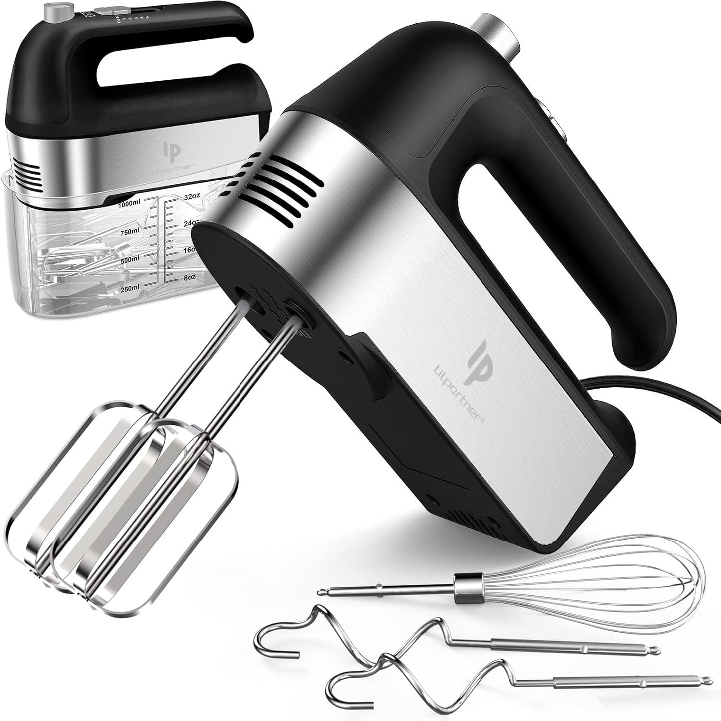 Hand Mixer Electric, 450W Kitchen Mixers with Scale Cup Storage Case, Turbo Boost\/Self-Control Speed + 5 Speed + Eject Button + 5 Stainless Steel Accessories, For Easy Whipping Dough, Cream, Black