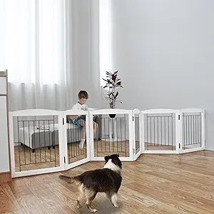ZJSF Freestanding Foldable Dog Gate Wooden Extra Wide White Puppy Gate 6 Panels Tall Pet Gates for The House Dog Fence