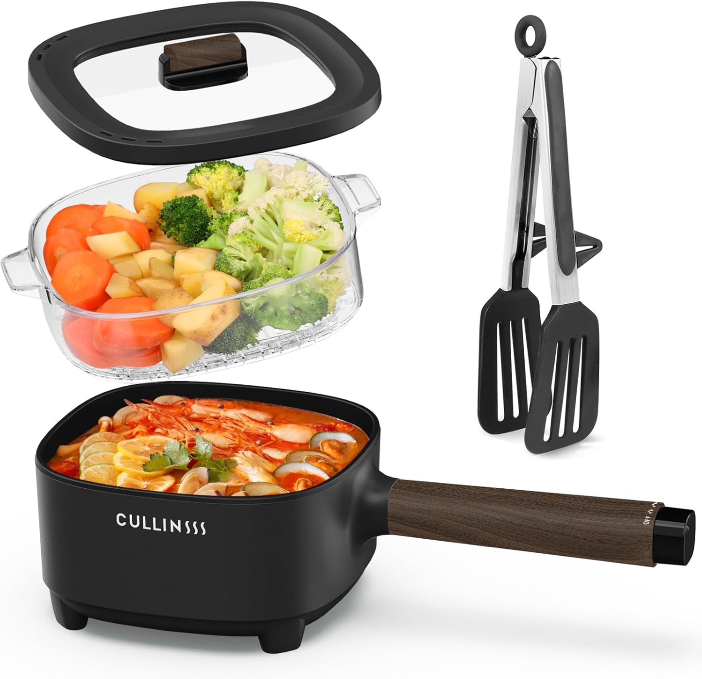 CULLINSSS 2L Hot Pot Electric with Steamer, Portable Electric Pot with Upgrade Titanium Nonstick Coating for Dorm, Office, Travel, Multi Cooker Pot for Ramen, Soup, Oatmeal (Tongs Included)