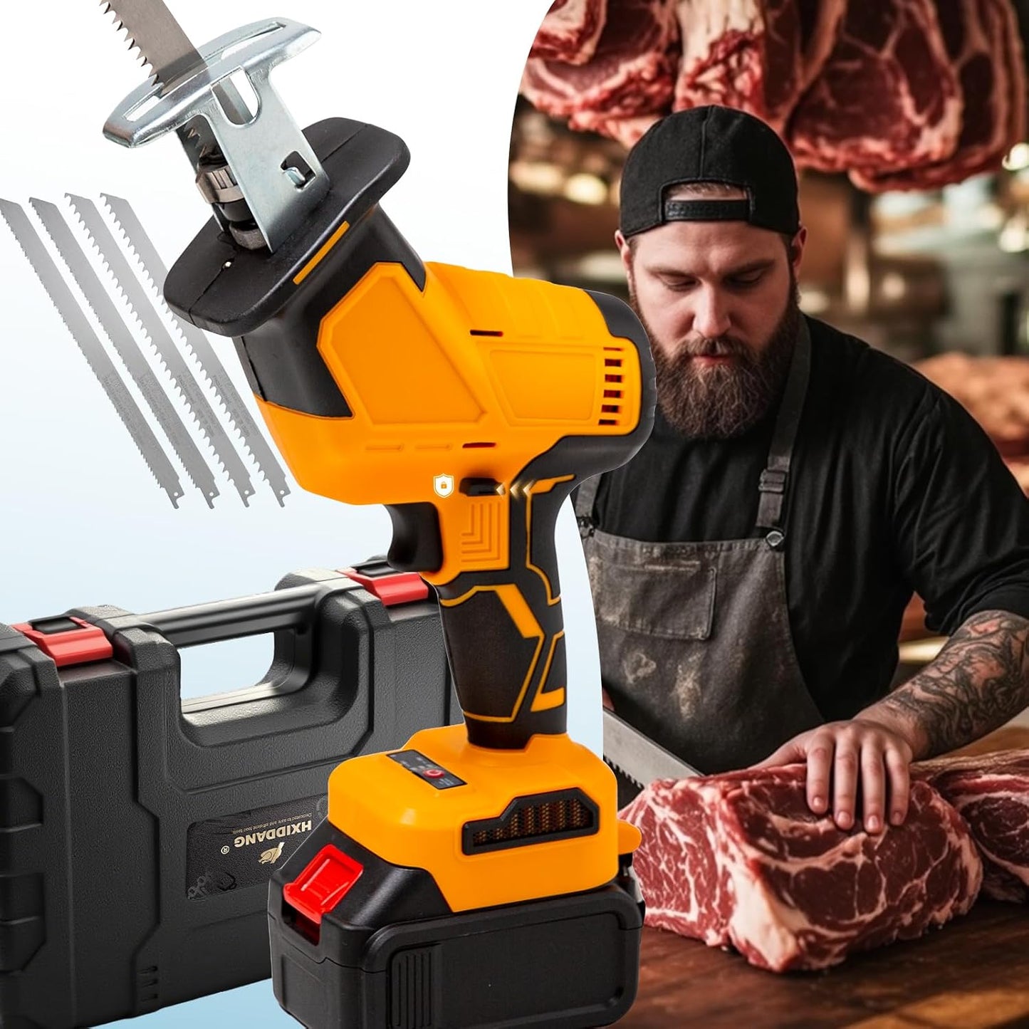 Brushless Motor Electric Meat and Bone Saw, 950W Handheld Butchering Tool with (4 Upgraded Blades)- Home Butcher Saw Kit with 1 toolbox, 2600mAh 1 Battery