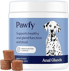 Pawfy Anal Gland Chews for Dogs with Peanut Butter | Dog Probiotics – Helps with Constipation, Digestive Health, and Gas Relief | Promotes Healthy Poops & Comfort - 30 Dog Supplements