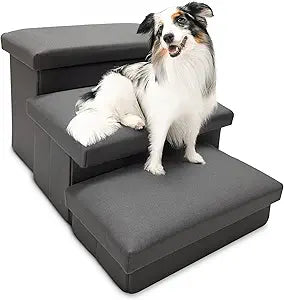 Foldable Dog & Cat Stairs for Couch – 3-Step Soft Microsuede Pet Stairs with Storage, Anti-Slip Bottom, 150lb Capacity – Ideal for Small, Medium & Senior Pets (Cool Grey)
