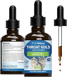 Pet Wellbeing Throat Gold for Cats - Cat Respiratory Support, Occasional Cough & Hoarseness with Mullein & Slippery Elm - NASC Certified & Vet-Formulated - 2 oz Liquid Formula
