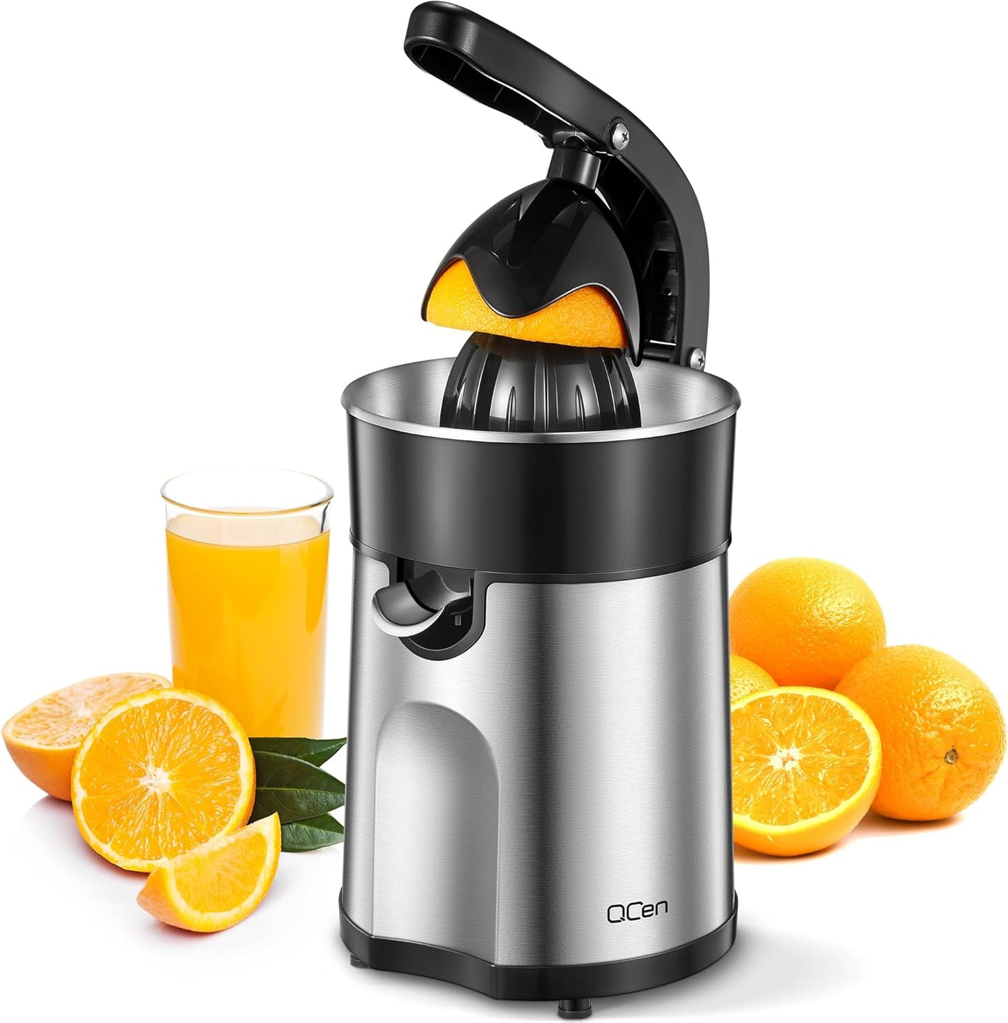 Professional Brushed Stainless Steel Electric Citrus Juicer, 2 Interchangeable Cones for Orange, Lemon & Grapefruit, Easy Clean, Durable Design & Effortless Operation