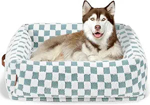 Orthopedic Dog Bed for Large Medium Small Dogs - Washable Orthopedic Sofa Bed, Soft Breathable Puppy & Pet Cuddler, Durable Calming Dog Beds with Anti-Slip Bottom, 32x27x8inch,Blue Grid