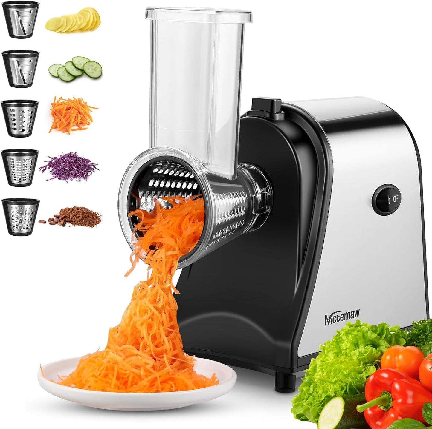Electric Cheese Grater for Block Cheese, 5 Different Shapes of Blades for Slicing\/Shredding\/Grating, 250W Automatic Cheese Shredder Vegetable Slicer with One-Touch Control for Fruits, Nuts