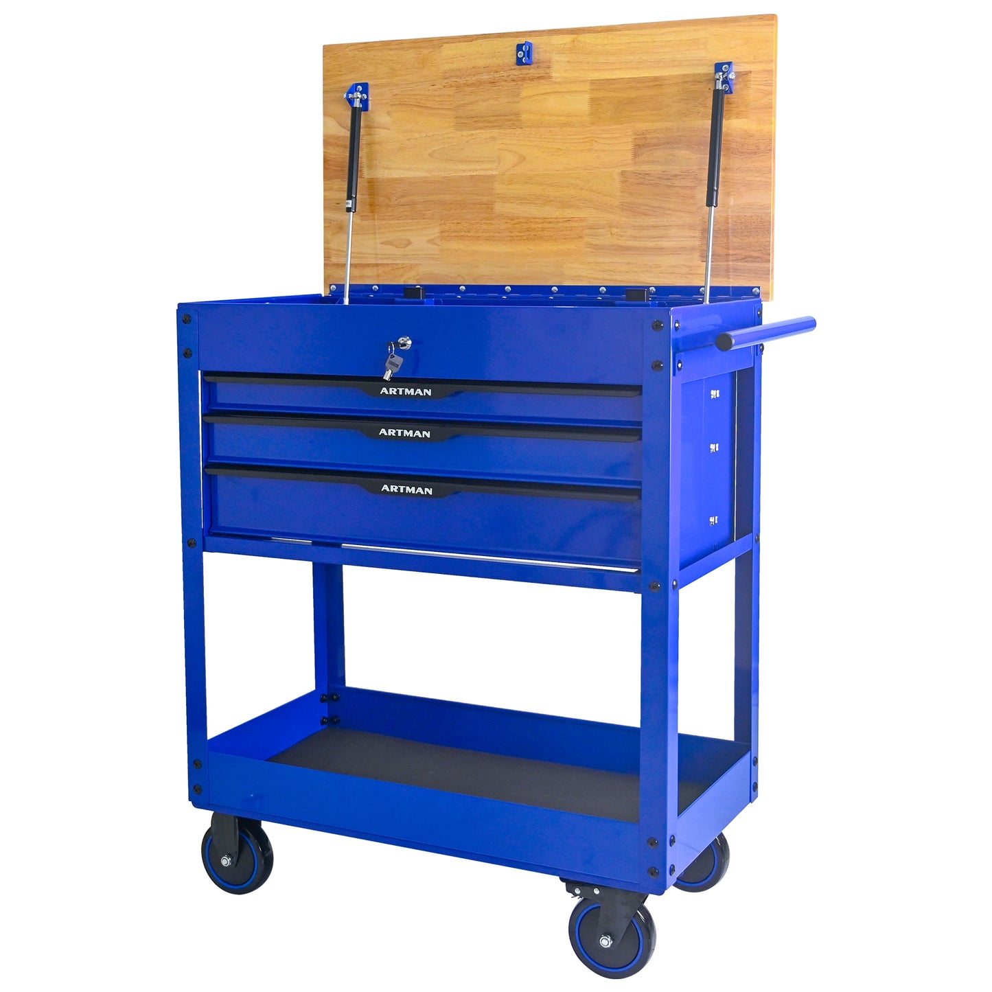 Tatayosi 3 DRAWERS MULTIFUNCTIONAL TOOL CART WITH WHEELS AND WOODEN TOP-Blue