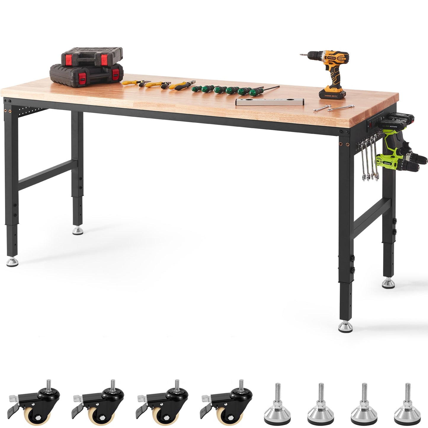 VEVOR Adjustable Workbench 72in L X 25in W Garage Worktable with Universal Wheels 28-39.5in Heights and 3000 LBS Load Capacity with Power Outlets and Hardwood Top and Storage and Foot Pads for Office Home