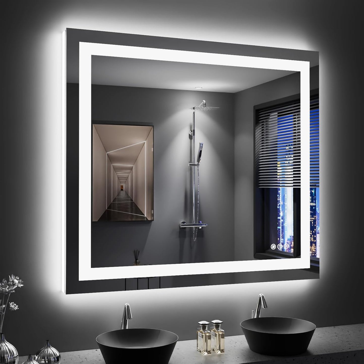 LOAAO 40x36 UL ETL Certified Frameless Backlit + Front Lit LED Bathroom Mirror with Tempered Glass Anti Fog Function