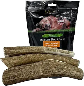 3-Pack Large Whole Elk Antler Dog Chews (6-9+ in) – Long Lasting Natural Dog Chews for Large Dogs & Aggressive Chewers 30-80 lbs – Durable Bone for Teeth Cleaning & Boredom