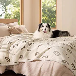 Bedsure Waterproof Blanket for Bed - Soft Print Sherpa Fleece Pet Cat Dog Blankets for Large Dogs Couch Protection, Soft Plush Reversible Furniture Protector, Twin Size, 60"x80", Beige